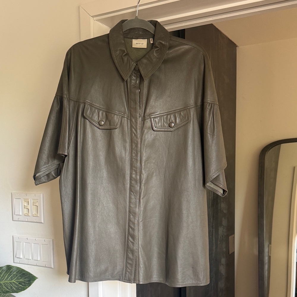 Soft Leather Shirt Jacket in Olive